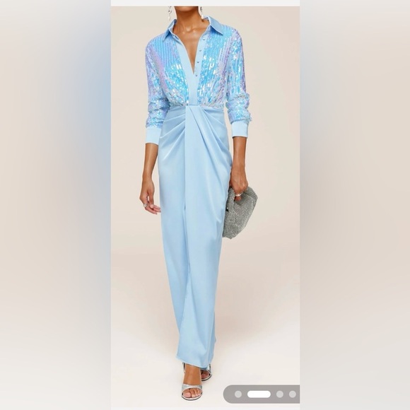 Asymmetrical Blue Dress with Draped V-Neck and Flowing Design - Picture 1 of 3